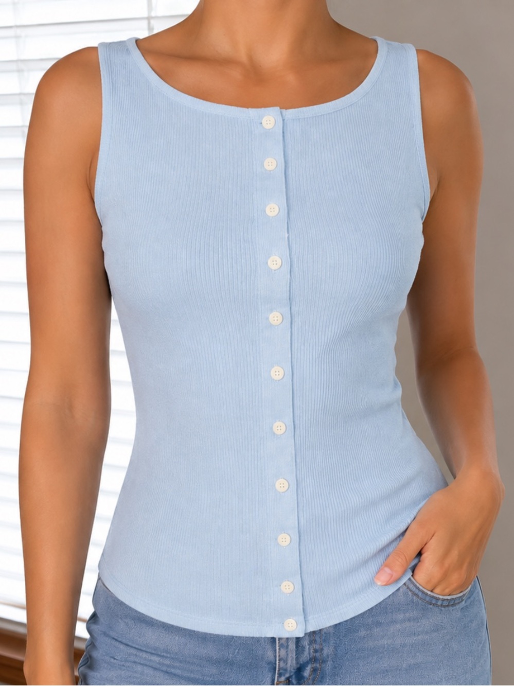 Scoop Neck Light Blue Knit Sleeveless Faux Button Front Tank Top Size M/LG